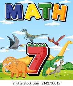 Seven dinosaurs with number seven cartoon illustration