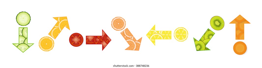 seven directions for slim figure, vegetable diet concept, arrow with vegetable pattern, vector.