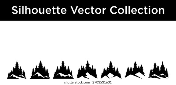 Seven distinct black vector silhouettes of evergreen trees and mountain peaks, featuring sharp, stylized outlines for graphic design.