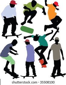 Seven dynamic skateboarder silhouettes. Color shirts and caps. Vector illustration.