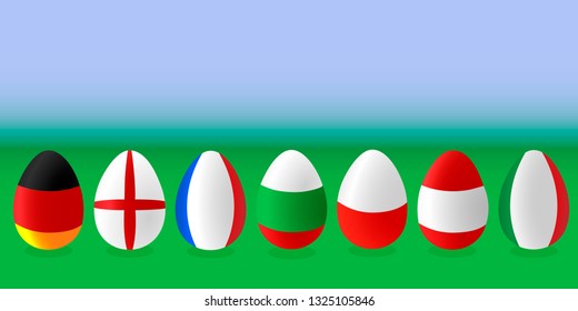 Seven Easter eggs painted in the colors of the country flags on a green meadow with space for text.