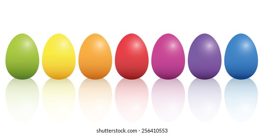 Seven easter eggs in rank and file in basic colors with reflection on the white floor. Three-dimensional isolated vector illustration over white background.