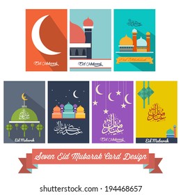 Seven Eid Mubarak Islamic Celebration Flat Design Card with calligraphy of text Eid Mubarak