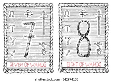 Seven and eight of wands. The minor arcana tarot card, vintage hand drawn engraved illustration with mystic symbols. 