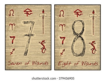 Seven and eight of wands in red. The minor arcana tarot card, vintage hand drawn engraved illustration with mystic symbols.