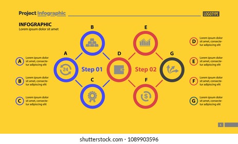 Seven elements process chart slide template. Business data. Option, diagram, design. Creative concept for infographic, presentation. Can be used for topics like management, consulting, strategy.