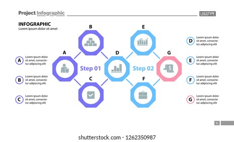 Seven elements process chart slide template. Business data. Step, diagram, design. Creative concept for infographic, presentation. Can be used for topics like management, consulting, workflow.