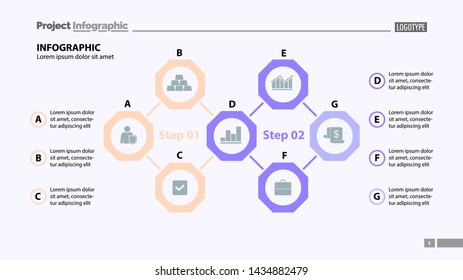 Seven elements process chart slide template. Business data. Step, diagram, design. Creative concept for infographic, presentation. Can be used for topics like management, consulting, workflow.