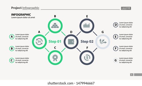 Seven elements process chart slide template. Business data. Option, diagram, design. Creative concept for infographic, presentation. Can be used for topics like management, consulting, strategy.