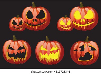 Seven evil pumpkins for the holiday evil forces Halloween. Carving vegetables. Vector.