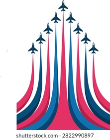 Seven fighter jets flying upward with colorful smoke trails isolated on transparent background