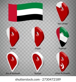 Seven flags the Emirates of the United Arab Emirates -  alphabetical order with name.  Set of 3d geolocation signs like flags Emirates of UAE.  Seven 3d geolocation signs for your design. EPS10