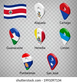 Seven  flags the Provinces of Costa Rica -  alphabetical order with name.  Set of 3d geolocation signs like flags Regions of Costa Rica.  Seven one 3d geolocation signs for your design. EPS10