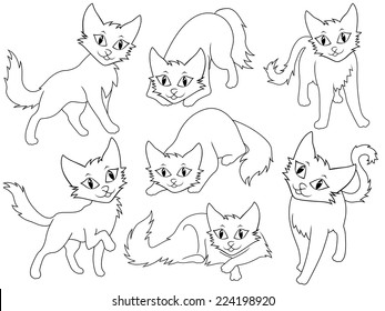 Seven funny cartoon cats over white background, hand drawing vector illustration