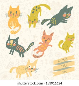 Seven funny kittens in cartoon style. Cats smiling and playing in vector set