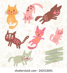Seven funny kittens in cartoon style. Cats smiling and playing in vector set. Childish illustration in pastel colors