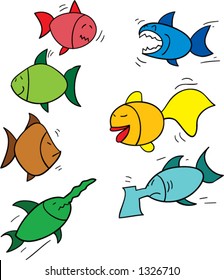 Seven funny looking cartoon fish. Redfish, angryfish, happyfish, flounderfish, goldfish, swordfish and axefish