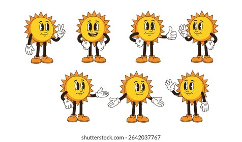 Seven Funny Smiling Sun Cartoon Characters in Retro Vintage Style Illustration Isolated