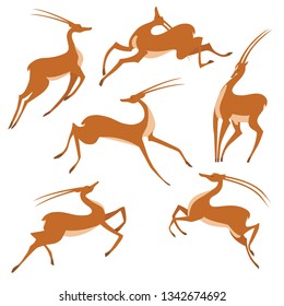 seven gazelle,africa animal,side view picture isolated on white background,vector illustration. silhouettes of antelope in jumping gait. antelope in cartoon style. beautiful deers 