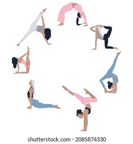 Seven girls show yoga exercises on a white background. Slender and flexible girls. Vector illustration
