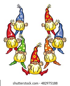 Seven gnomes in colorful caps. Funny illustration for decorations, greetings cards and other design artworks. Vector clip art.