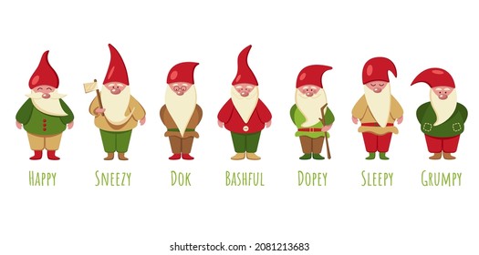 Seven gnomes from a fairy tale on a white background. Snow White and the Seven gnomes. Collection of fairy gnomes. Vector flat illustration of Christmas gnomes. EPS 10.