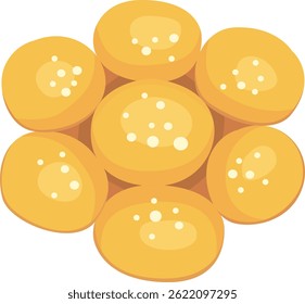 Seven golden cookies, speckled with white sugar granules, arranged in a charming flower like pattern, evoke a sense of warmth and deliciousness, perfect for a sweet treat or a comforting snack
