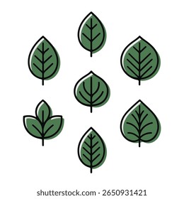 Seven green leaves with black outlines and a subtle white highlight are arranged in a circular pattern on a white background.