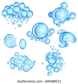 Seven groups of air bubbles in water vector set./Water bubbles vector collection.