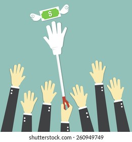 seven hand try to catch money but winner is hand carry tool because his hand longest.