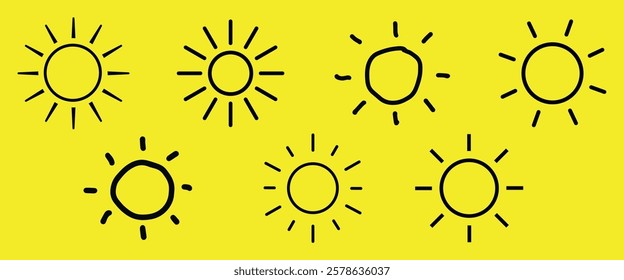 Seven hand-drawn sun icons on a yellow background. Sun icons vary in style. Sun icons are simple and playful, ideal for sunny designs. Weather icons, isolated vector element set.