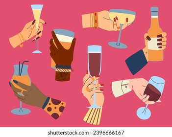 Seven hands holding beer bottles, wine glasses and cocktail glasses. Sign Cheers. 