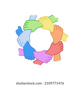 Seven hands holding each other. Rainbow color hands. Team work unity. Color vector illustration.
