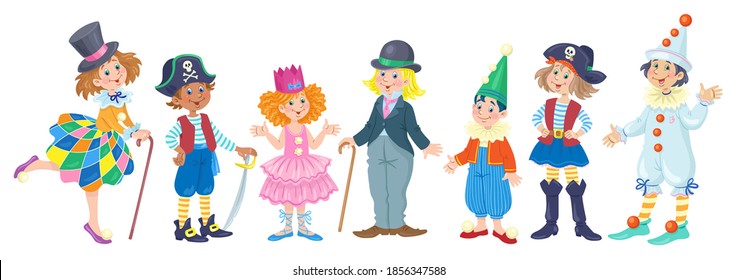 Seven happy children of different nationalities in carnival costumes. In cartoon style. Isolated on white background. Vector flat illustration.