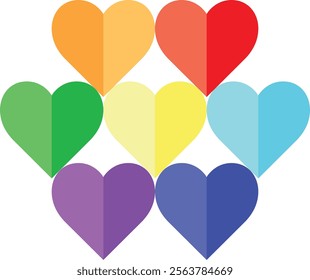 seven heart shape different shade rainbow color, isolated on white background.