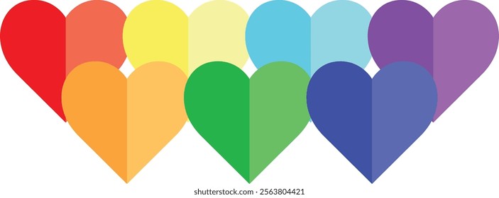 seven heart shape different shade rainbow color, isolated on white background.