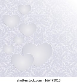 Seven hearts with laconic lace-like pattern, 3d paper valentine's day background