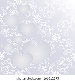 Seven hearts on refined pattern with curls and flowers, 3d paper valentine's day background