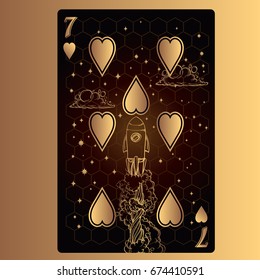 Seven of hearts. Playing card with original design on the theme of space.