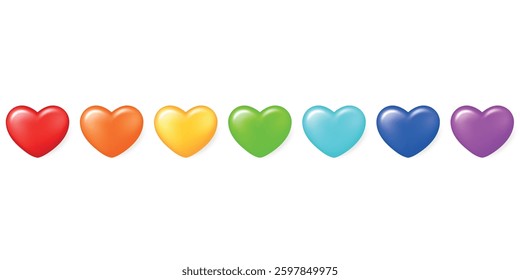 Seven hearts in rainbow colors, stacked in a row, isolated on a transparent background. Rainbow love. Pride month. Vector illustration.