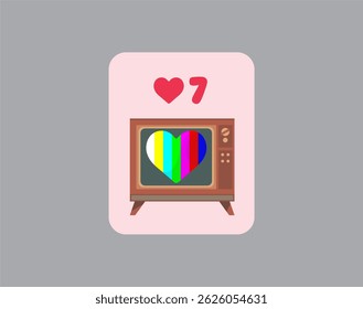 seven of hearts. Stylized Vector cartoon and comic style playing card with number, pink background and cute vintage tv 