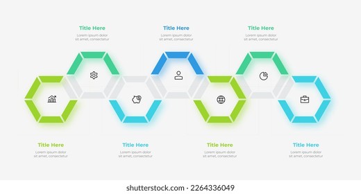 Seven hexagons arranged in a row. Infographic elements. Timeline business development process.