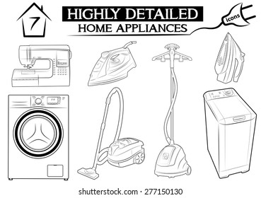 Seven highly detailed home  appliance icons (iron, sewing machine, vacuum, sewing machine,  steamer)