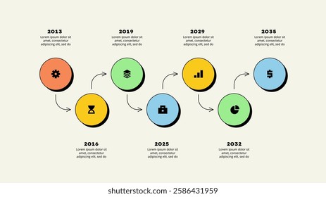 Seven horizontal circle elements. Concept of 7 options of business development process. Timeline vector illustration. Neobrutalism infographic template