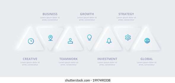 Seven horizontal neumorphic triangles. Concept of 7 options of business development process. Timeline vector illustration. Infographic elements.