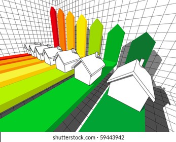 seven houses certified in seven energetic classes in a business diagram  (also available as bitmap)