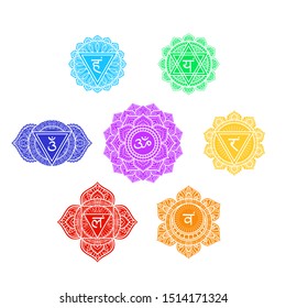 Seven human chakras symbols set, colorful icons, muladhara, svadhishthana, manipura, anahata, vishuddha, ajna, sahasrara, vector illustration