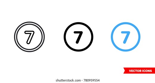 Seven icon of 3 types: color, black and white, outline. Isolated vector sign symbol.