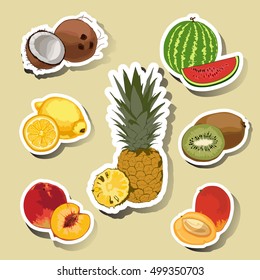 seven icons, set fruit: peach, pineapple, watermelon, kiwi, mango, lemon, coconut