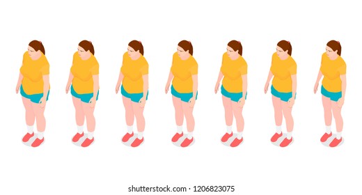 Seven identical girls show the process of losing weight. Isometric girls with different weight.